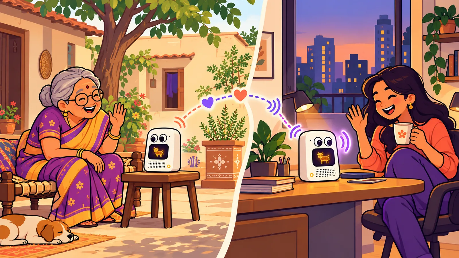 A grandmother in her courtyard and her granddaughter in a city flat, waving at each other through their Nandis, joined by a line of little hearts.