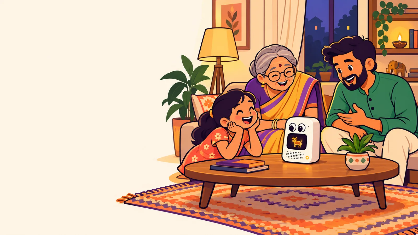 A grandmother, a father and a little girl laughing together as they talk to Nandi on the coffee table.