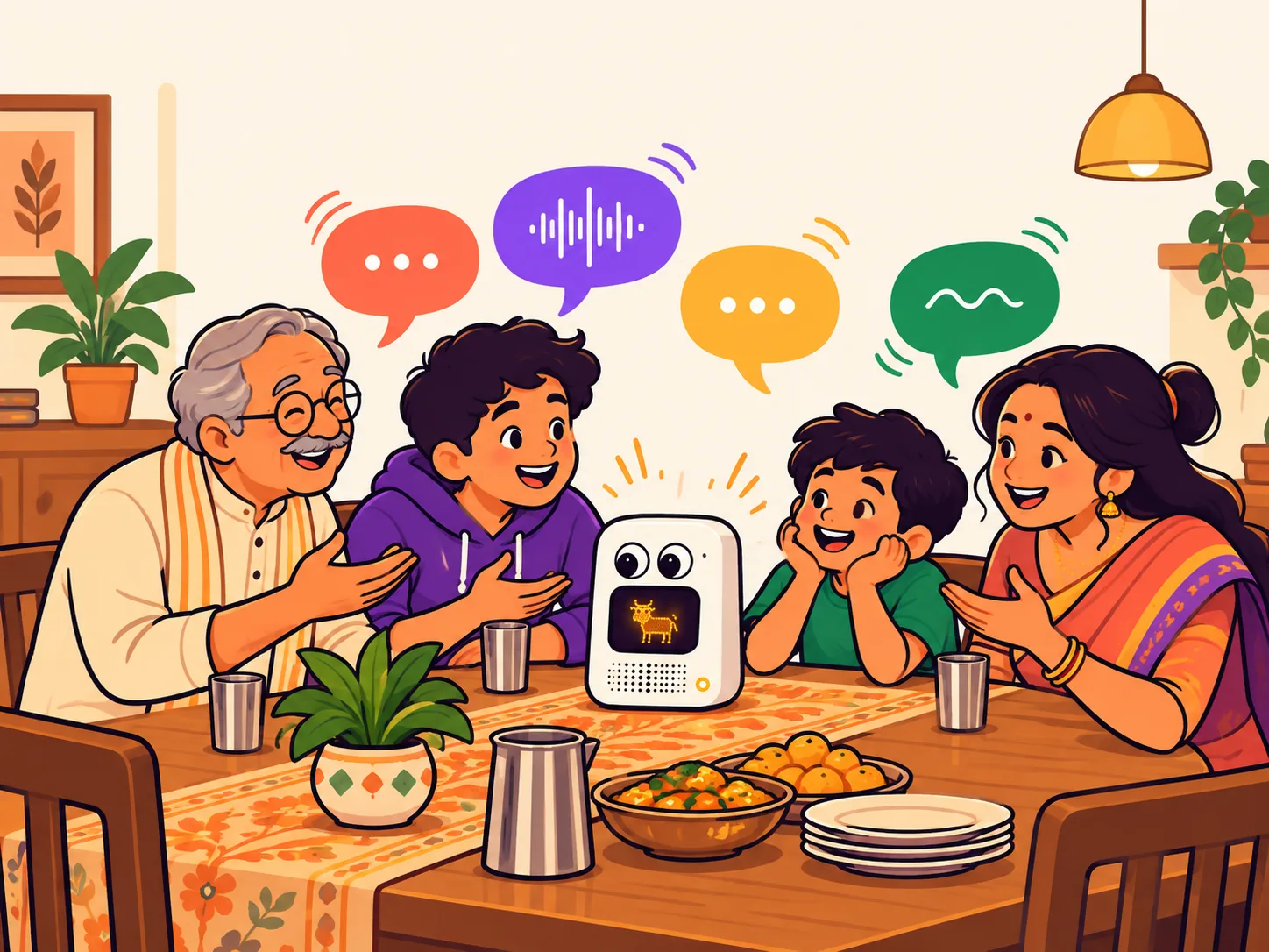 A grandfather, a mother and two boys around the dinner table, each talking to Nandi, with colourful speech bubbles above them.
