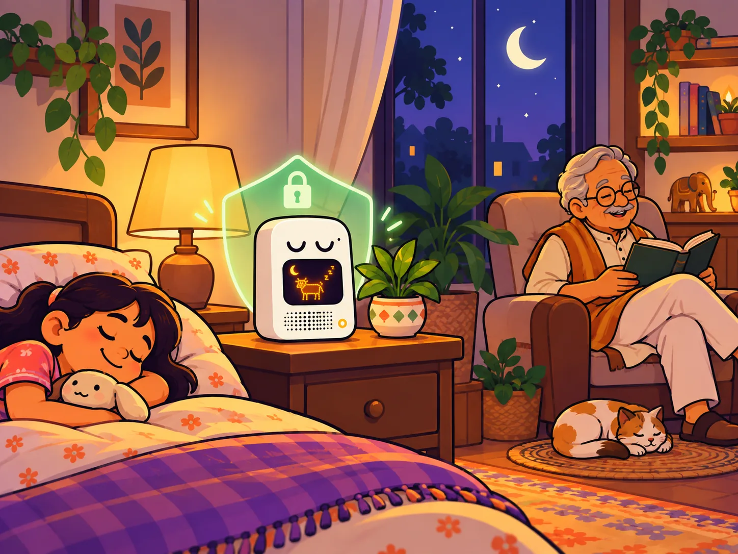 A calm room at night: Nandi asleep on the bedside table inside a soft green shield, a grandfather reading and a cat asleep.