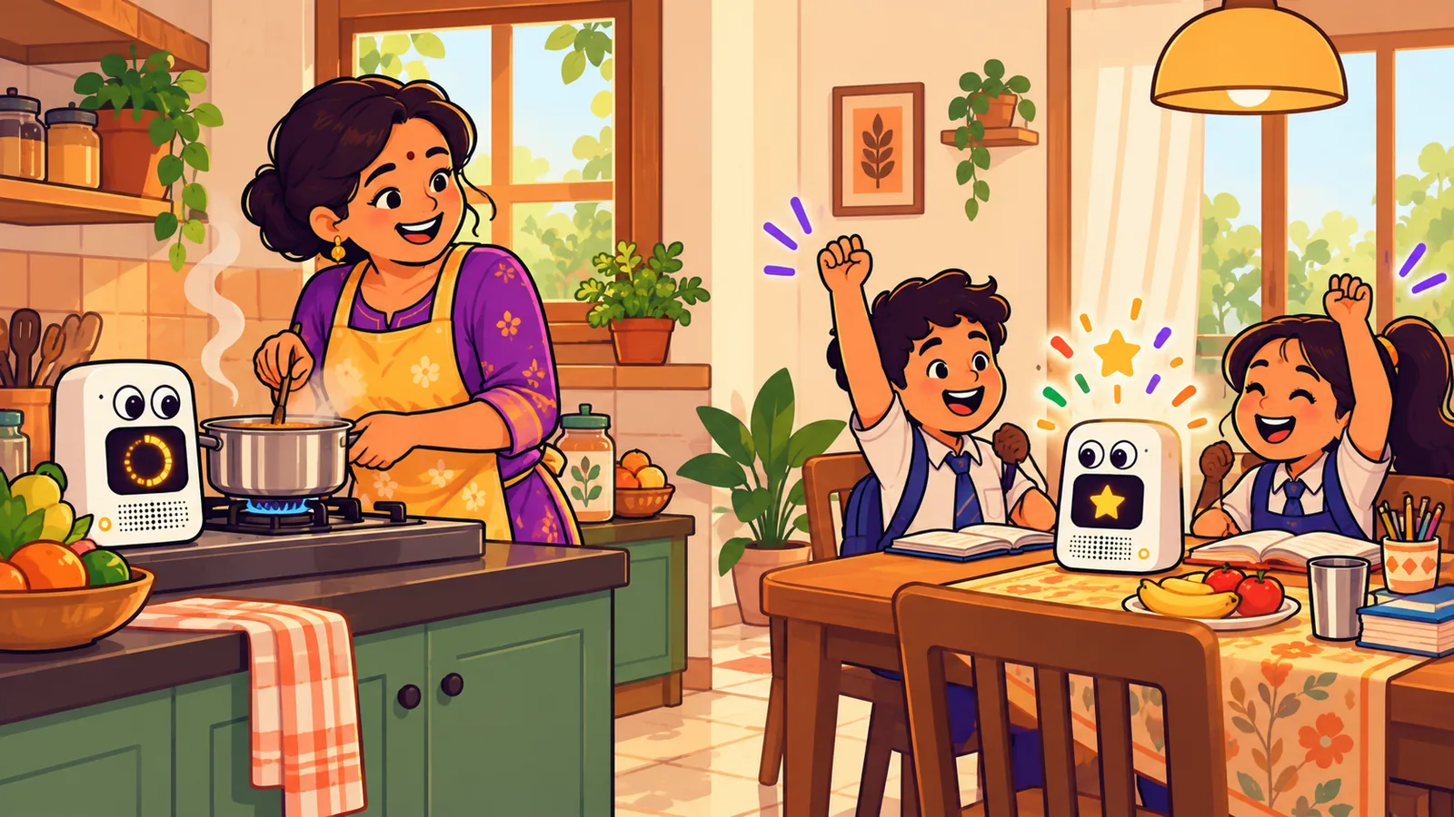 A mother making chai while Nandi counts down the timer, and two children cheering as they play a quiz with another Nandi.